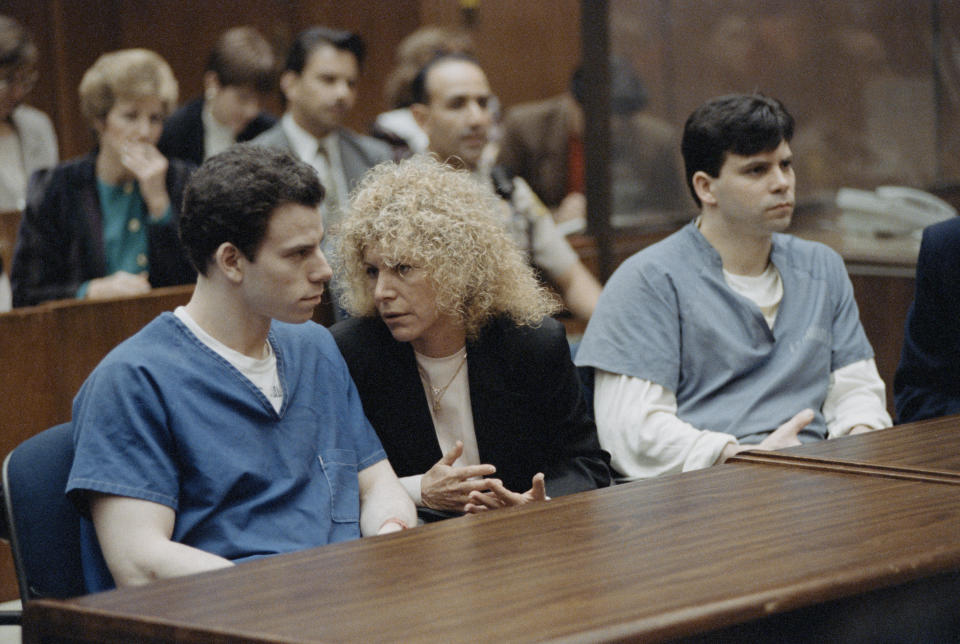 Erik Menendez with his attorney Leslie Abramson and his brother Lyle Menendez during their first trial on 9th March 1994, where they had individual juries. (Getty Images)