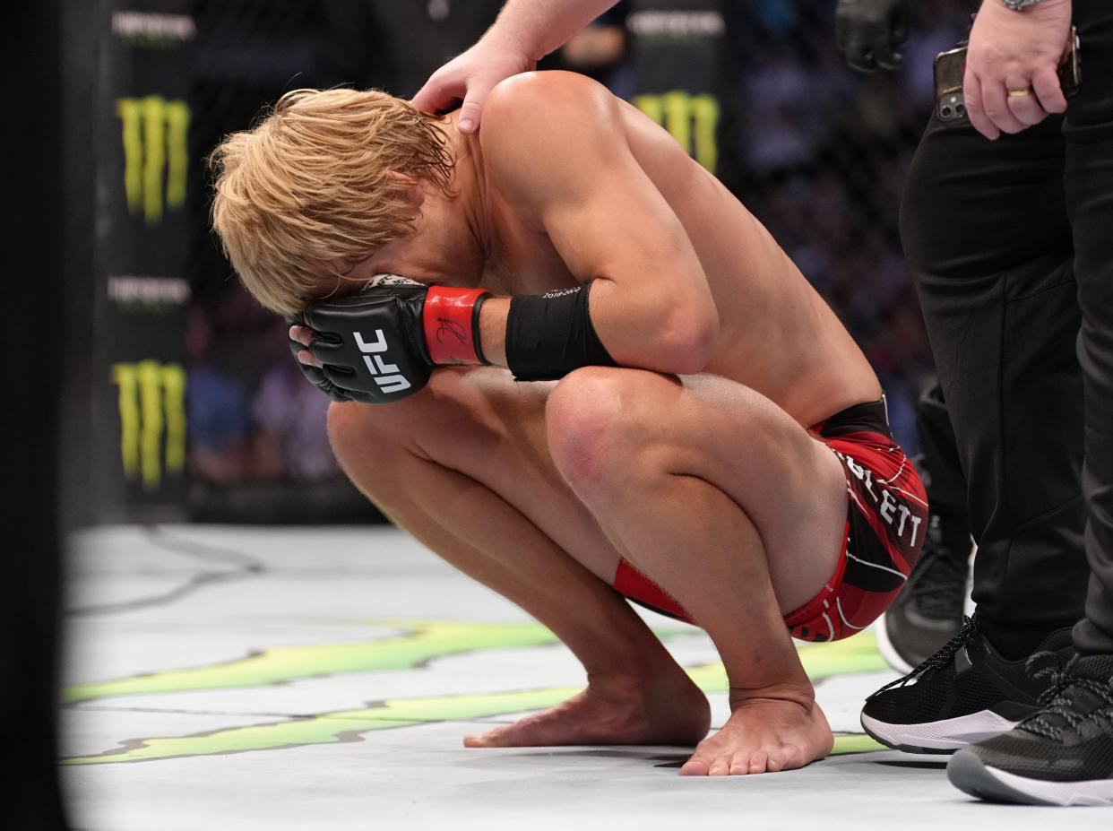 LONDON, ENGLAND - JULY 23: Paddy Pimblett of England celebrates after his victory over Jordan Leavitt in a lightweight fight during the UFC Fight Night event at O2 Arena on July 23, 2022 in London, England. (Photo by Jeff Bottari/Zuffa LLC)