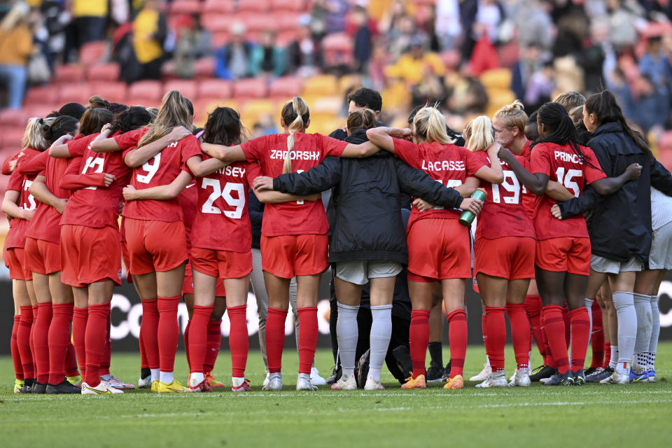 Canada reacts after ttheir women's soccer friendly between Australia and Canada at Suncorp Stadium in Brisbane, Australia, Saturday, Sept. 3, 2022. (Darren England/AAP Image via AP)