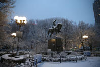 <p>A statue of George Washington in Union Square Park, New York City, is covered with snow as a winter storm hits the area on March 7, 2018. (Photo: Gordon Donovan/Yahoo News) </p>