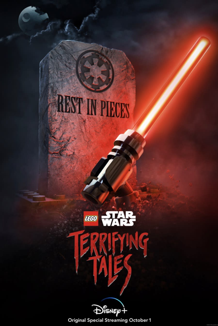 A red lightsaber is thrusted up from a grave in front of a tombstone