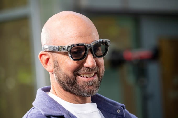 Andrew Bosworth, CTO of Meta and head or Reality Labs, wearing a clear pair of Orion smart glasses. (David Paul Morris/Bloomberg via Getty Images)