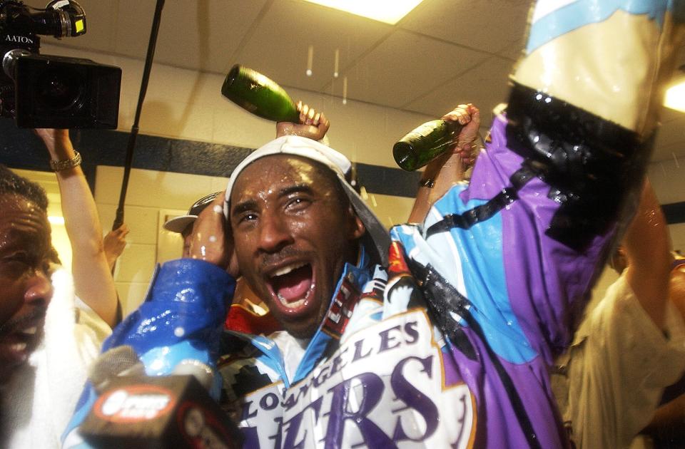 The five-time NBA champion is seen celebrating his 2002 NBA finals win against the New Jersey Nets.