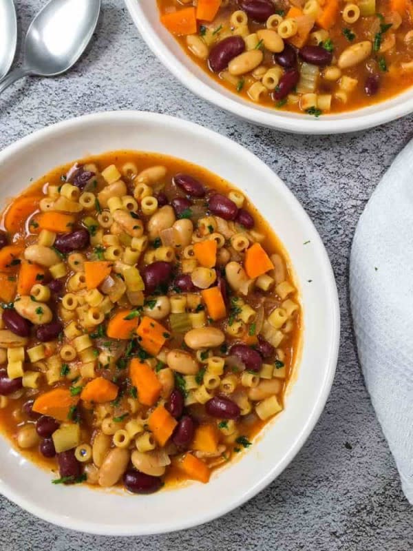 <p>This Healthy Kitchen</p><p>Pasta e Fagioli is a classic Italian comfort dish made using pantry staples like pasta and canned beans. It’s hearty, filling, budget-friendly, and absolutely delicious! This is the vegan version of the famous Italian stew!</p><p><strong>Get the Recipe: <a href="https://thishealthykitchen.com/vegan-pasta-fagioli/" rel="nofollow noopener" target="_blank" data-ylk="slk:Vegan Pasta e Fagioli;elm:context_link;itc:0;sec:content-canvas" class="link ">Vegan Pasta e Fagioli</a></strong></p>