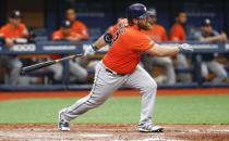 Mar 31, 2019; St. Petersburg, FL, USA; Houston Astros second baseman Tyler White (13) leads off the eighth inning with a base hit against the Tampa Bay Rays at Tropicana Field. Mandatory Credit: Reinhold Matay-USA TODAY Sports