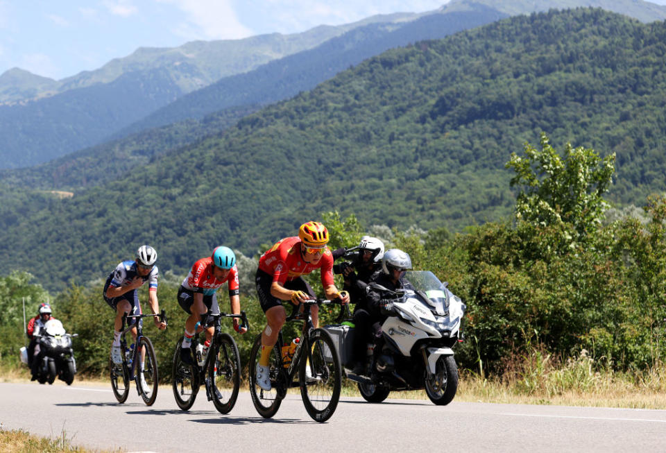 BOURGENBRESSE FRANCE  JULY 20 LR Kasper Asgreen of Denmark and Team Soudal  Quick Step Victor Campenaerts of Belgium and Team Lotto Dstny Jonas Abrahamsen of Norway and UnoX Pro Cycling Team compete in the breakaway during the stage eighteen of the 110th Tour de France 2023 a 1849km stage from Motiers to BourgenBresse  UCIWT  on July 20 2023 in BourgenBresse France Photo by Michael SteeleGetty Images