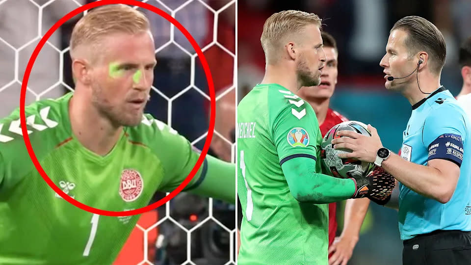 Derdänische Torwart Kasper Schmeichel wurde mit einem Laser geblendet, bevor er den Elfmeter von Harry Kane für England parierte. Foto: Optus Sport/Getty
