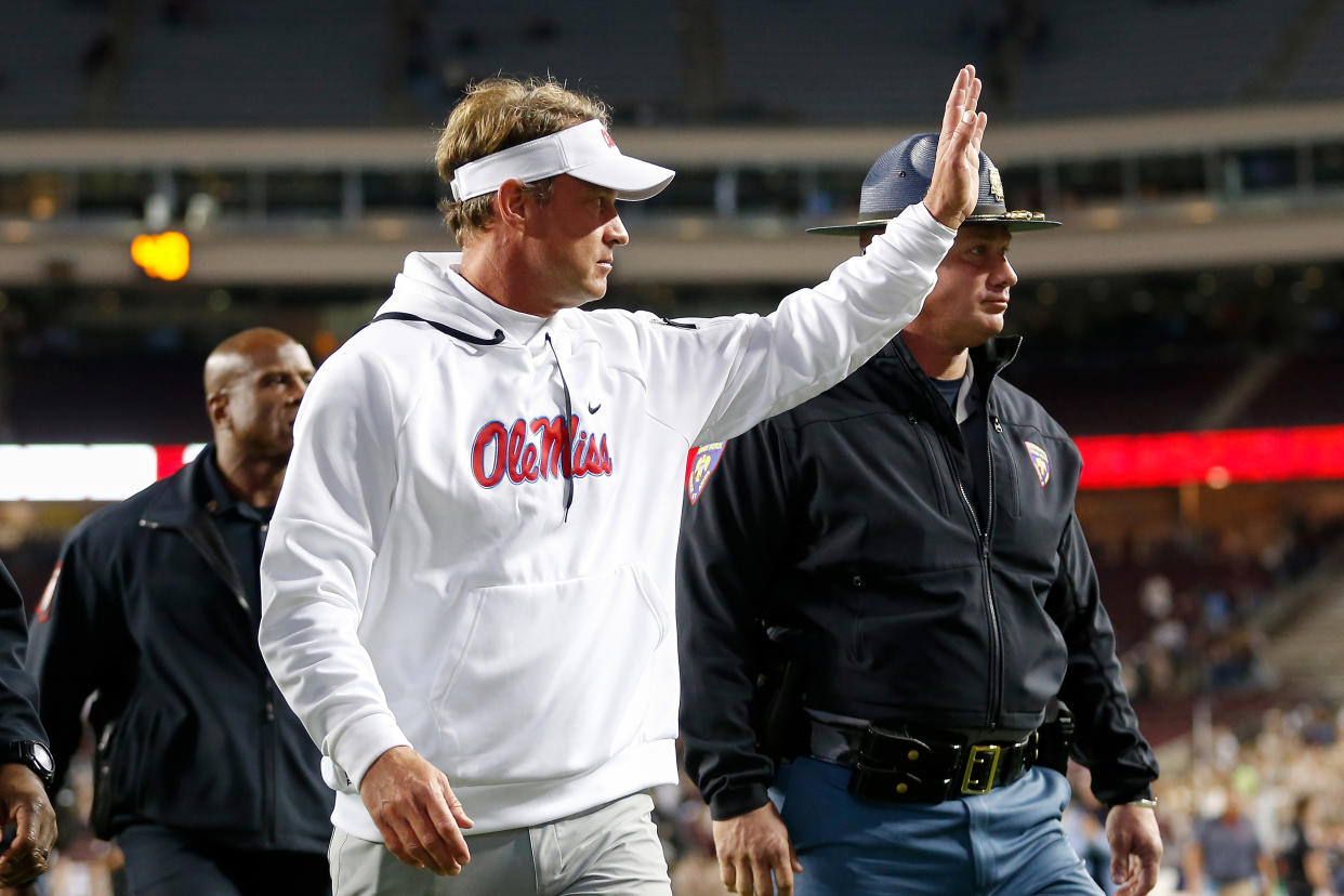 COLLEGE STATION, TEXAS - OCTOBER 29: Head coach Lane Kiffin of the Mississippi Rebels walks to the locker room after defeating the Texas A&M Aggies at Kyle Field on October 29, 2022 in College Station, Texas. (Photo by Tim Warner/Getty Images)