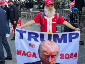 A pro-Trump demonstrator who gave his name as "Hungry Santa" outside Manhattan Criminal Court on April 15, 2024.