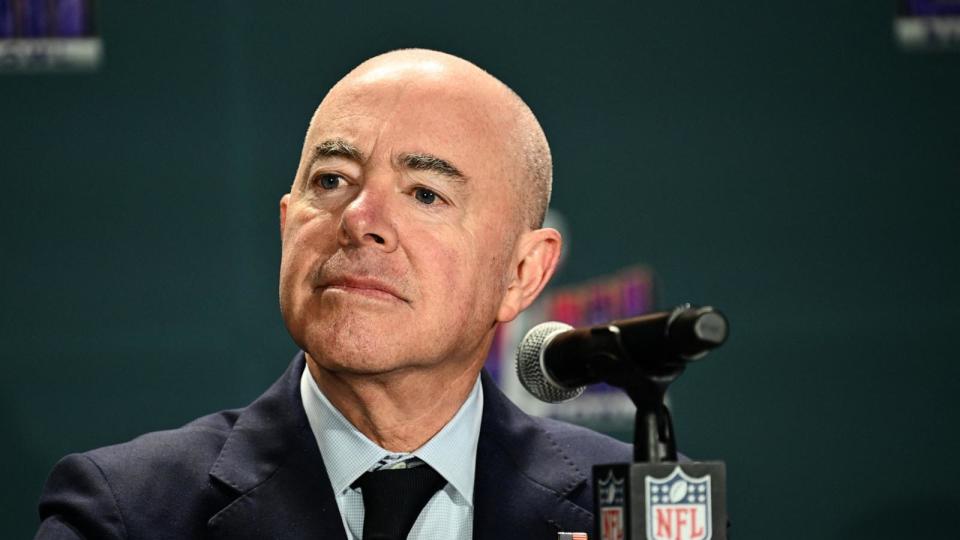 PHOTO: Homeland Security Secretary Alejandro Mayorkas speaks about security during a news conference ahead of Super Bowl LVIII at Allegiant Stadium in Las Vegas, Nevada on February 7, 2024. (Patrick T. Fallon/AFP via Getty Images)