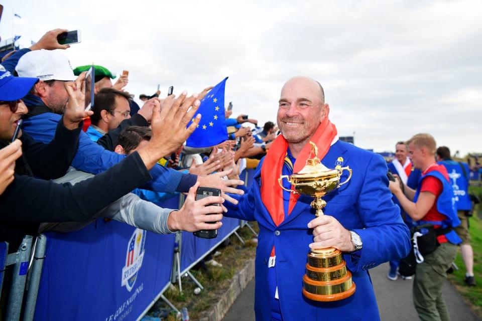 Bjorn shows off the Ryder Cup trophy in 2018 (Getty)