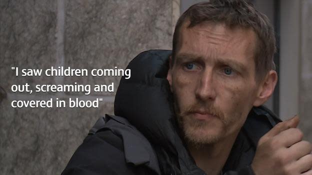 Stephen Jones, 35, was sleeping rough near Manchester Arena when he heard the explosion from the homemade bomb, which killed 22 people and injured 59: ITV/screen grab