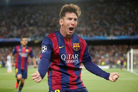 FC Barcelona v Bayern Munich - UEFA Champions League Semi Final First Leg - The Nou Camp, Barcelona, Spain - 6/5/15 Barcelona's Lionel Messi celebrates scoring their first goal Reuters / Gustau Nacarino