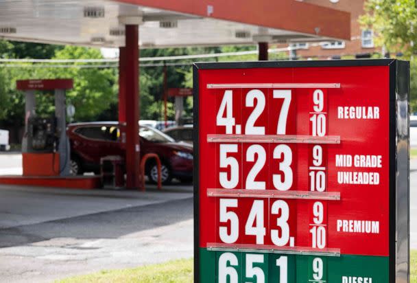 PHOTO: A sign displays gas prices at a gas station in Falls Church, Va., July 19, 2022. (Saul Loeb/AFP via Getty Images, FILE)