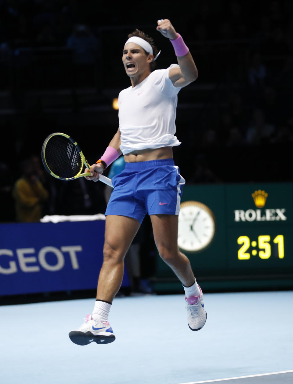 Spain's Rafael Nadal celebrates after defeating Stefanos Tsitsipas of Greece in their ATP World Tours Finals singles tennis match at the O2 Arena in London, Friday, Nov. 15, 2019. (AP Photo/Alastair Grant)