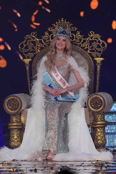 Krystyna Pyszková of Czech Republic poses after she was crowned Miss World in Mumbai, India, Saturday, Mar. 9, 2024.(AP Photo/Rajanish Kakade)