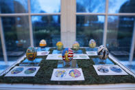 Eggs designed by children of members of the military adorn the East Colonnade of the White House ahead of the White House Easter Egg Roll, Thursday, March 28, 2024, in Washington. (AP Photo/Evan Vucci)