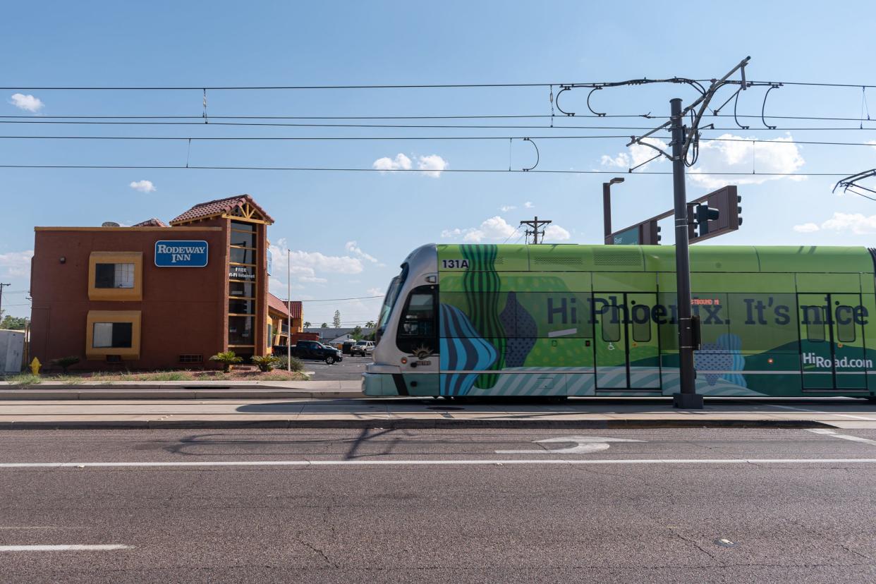 A light rail train in Tempe, Arizona.