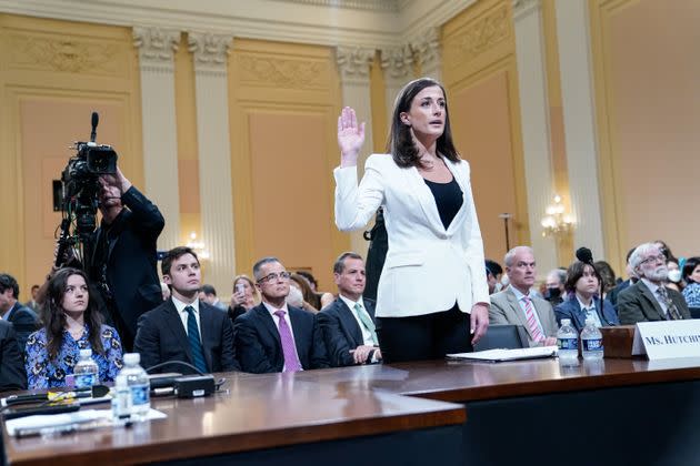 Cassidy Hutchinson, a top aide to Mark Meadows when he was White House chief of staff in the Trump administration, is sworn in as the House Jan. 6 select committee holds a public hearing on Capitol Hill on Tuesday. (Photo: The Washington Post via Getty Images)