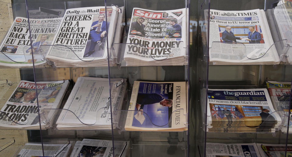 A selection of British national newspapers on sale at newsagents in London, Thursday, March 30, 2017. Britain's Prime Minister Theresa May's letter to the Donald Tusk President of the European Council, which launched Article 50, which started Britain's withdrawal from the EU has handed to Tusk in Brussels Wednesday. (AP Photo/Alastair Grant, Pool)