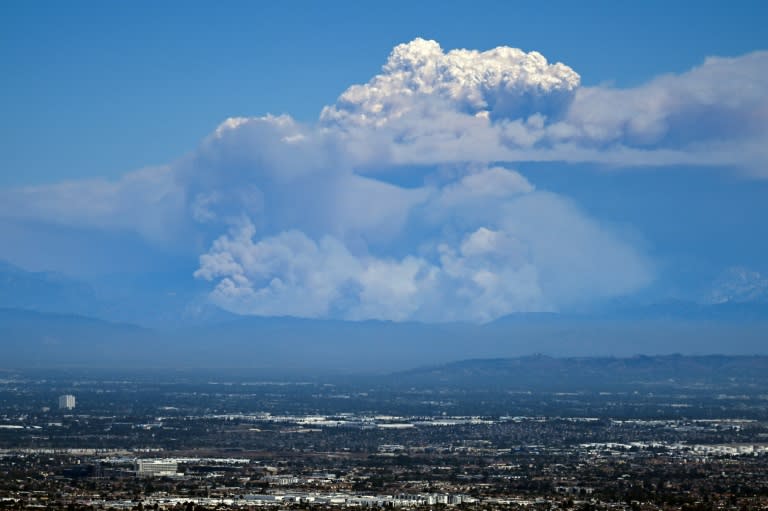 Thick columns of smoke rise above parts of Los Angeles from one of the three wildfires burning around the city (Patrick T. Fallon)