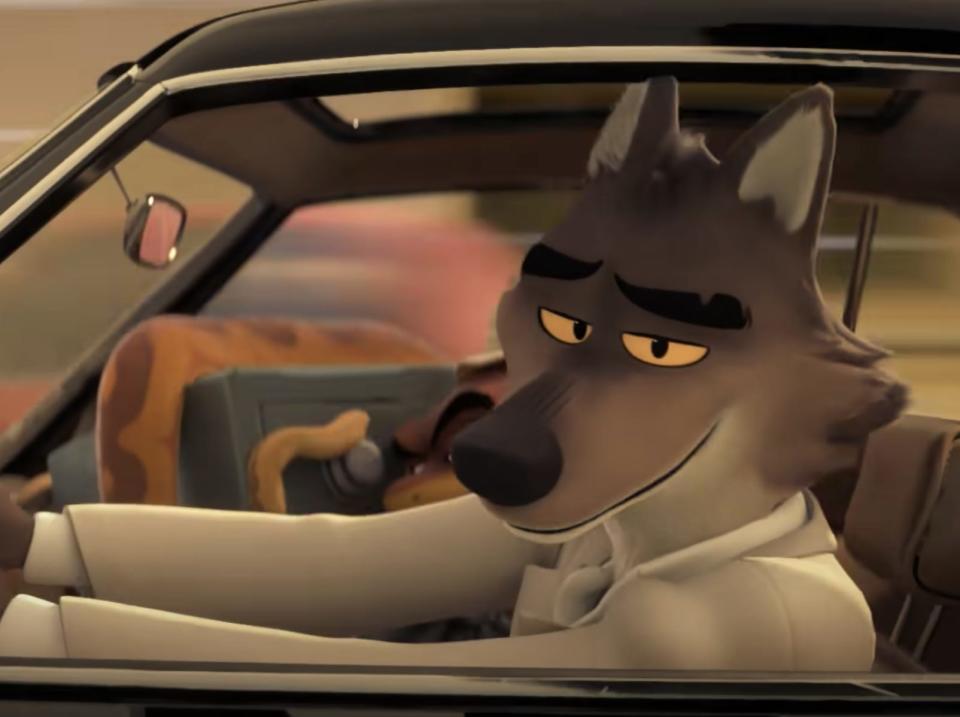 Animated Mr.Wolf driving car in "The bad guys"