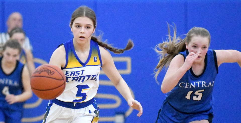 East Canton's Kynsie Pero is chased by Central Christian's Micah Kozel-Stiener in Kidron Central Christian at East Canton girls basketball.  Friday, December 30, 2022.