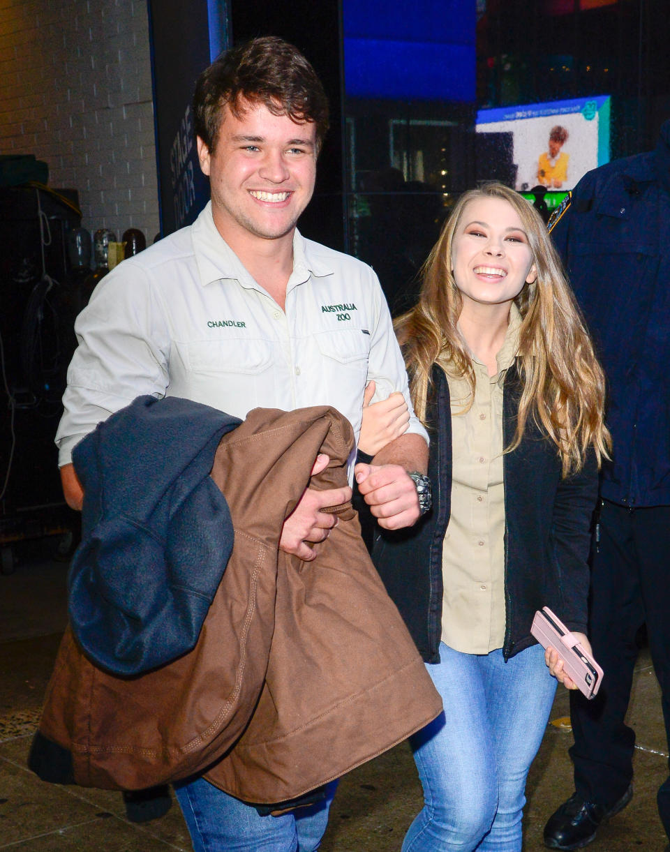 NEW YORK, NY - JANUARY 23:  Bindi Irwin and Chandler Powell are seen outside Good Morning America on January 23, 2019 in New York City.  (Photo by Raymond Hall/GC Images)