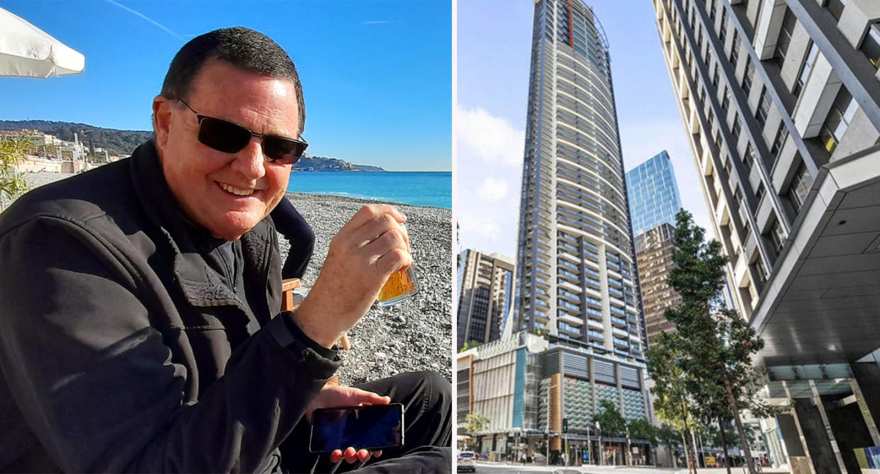 Left: Robert Till smiling on beach in France. Right: Aurora Tower on Queen Street, Brisbane. 