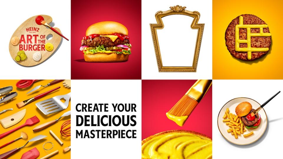 A tiled collage of burgers, paint items, a picture frame, and other food items
