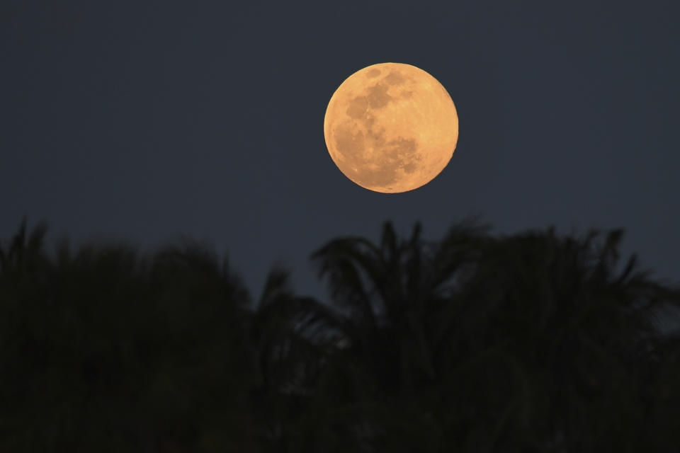 A full moon tinged with a salmon pink.