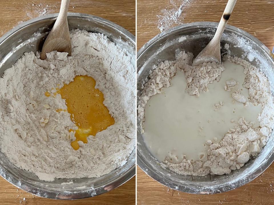 A side-by-side of a bowl with flour and egg in it and a bowl with flour and buttermilk in it.