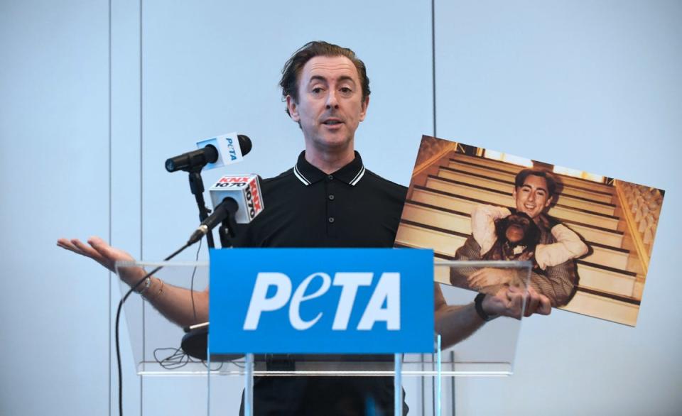 Cumming in 2017, holding a photo of him and Tonka (AFP via Getty Images)