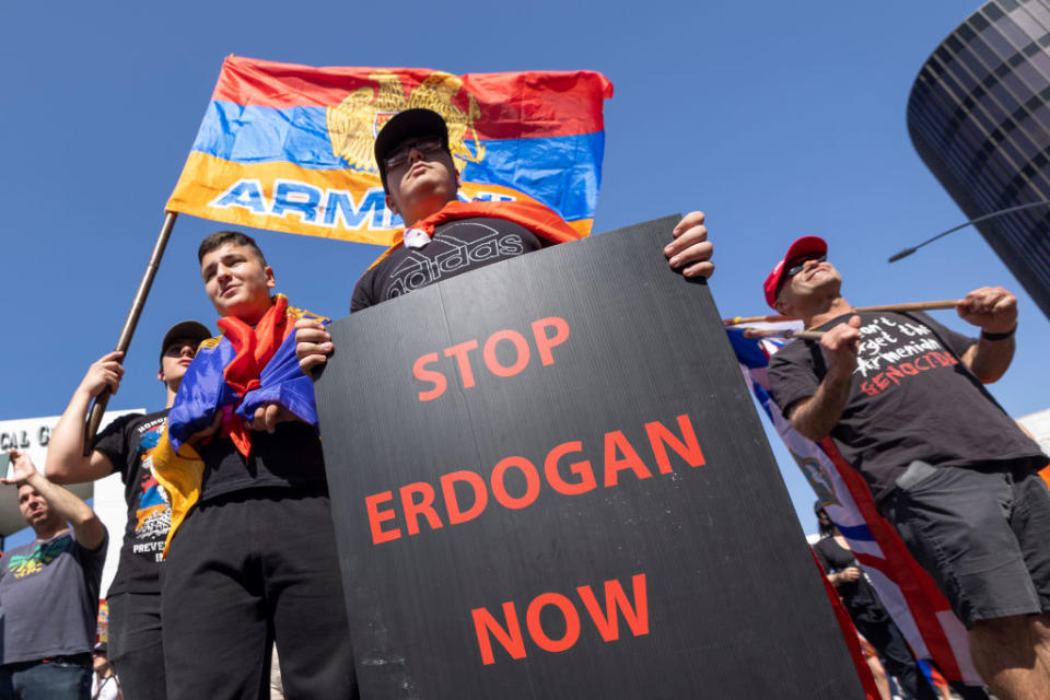 LOS ANGELES, CA - APRIL 24: People join in the Resist Genocide Denial Now protest outside the Turkish consulate on April 24, 2022 in Los Angeles, California.<span class="copyright">David McNew—Getty Images</span>