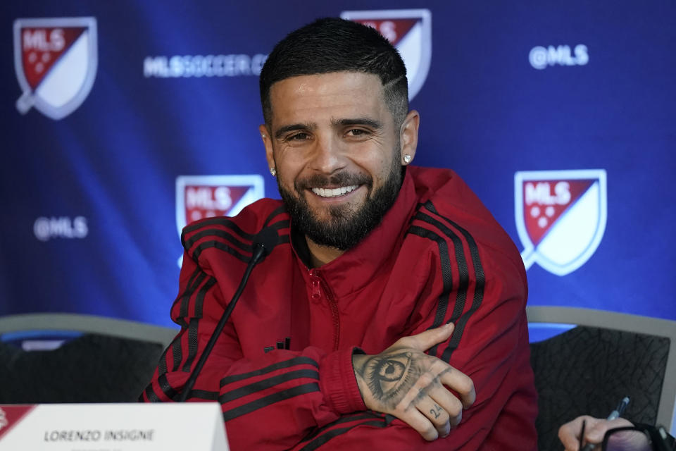 Toronto FC's Lorenzo Insigne speaks during MLS soccer media day in San Jose, Calif., Tuesday, Jan. 10, 2023. (AP Photo/Jeff Chiu)