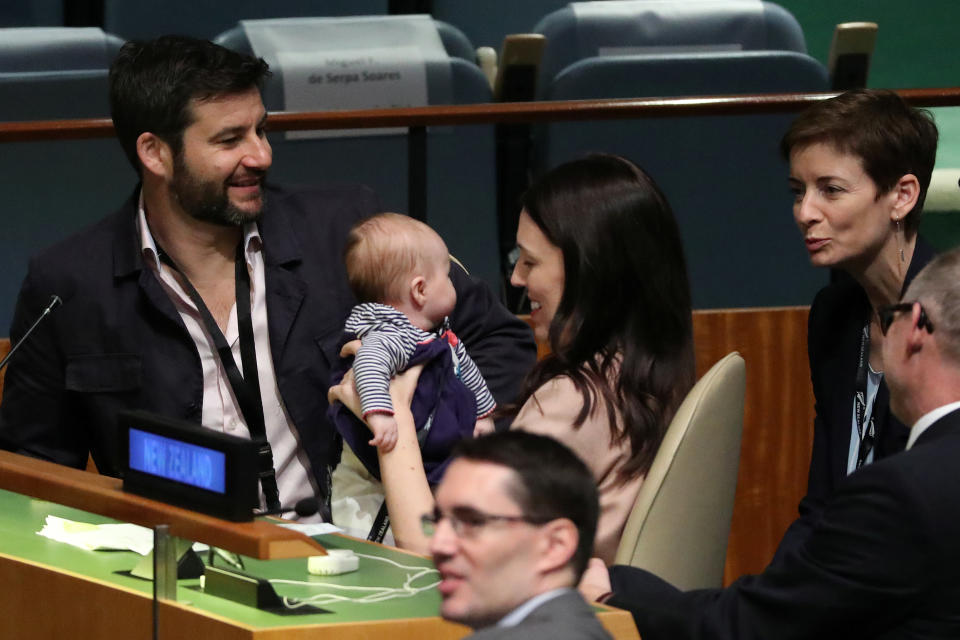 New Zealand Prime Minister Jacinda Ardern holds her baby Neve after speaking at the Nelson Mandela Peace Summit during the 73rd United Nations General Assembly in New York City, New York, U.S., September 24, 2018. Picture taken September 24, 2018. REUTERS/Carlo Allegri