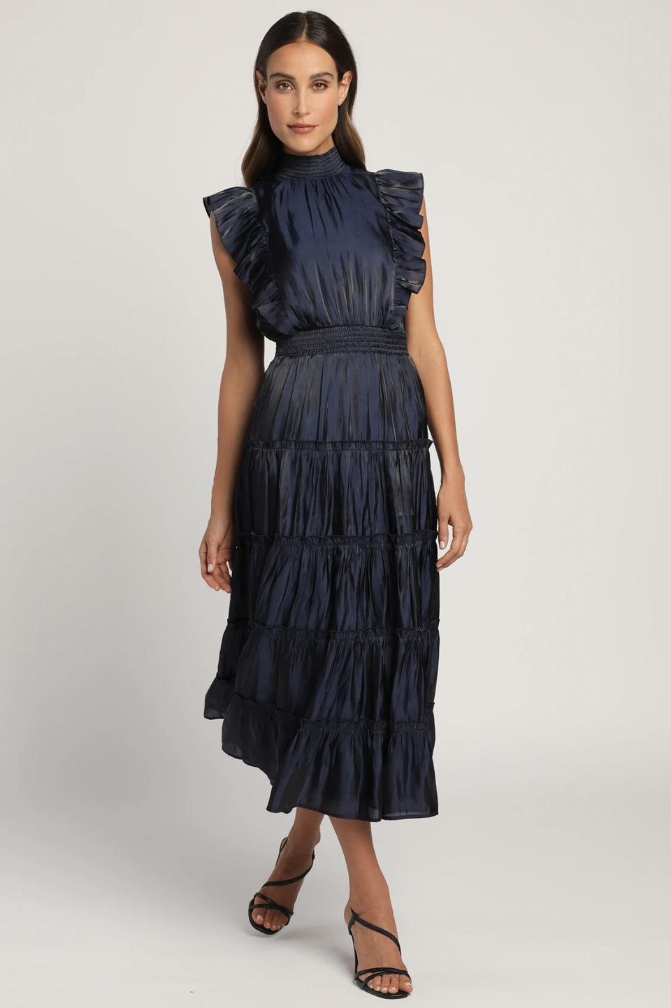 Lulus Take a Glance Navy Blue Tiered Mock Neck Midi Dress