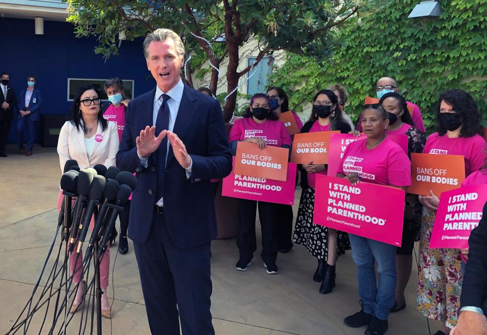 California Gov. Gavin Newsom talks at a news conference with workers and volunteers on Wednesday, May 4, 2022, at a Planned Parenthood office near downtown Los Angeles. Newsom faulted his own political party Wednesday for setbacks in the nation's culture wars and urged Democrats to launch a vocal “counter-offensive” to protect rights from abortion to same-sex marriage. (AP Photo/Michael R. Blood) ORG XMIT: RPMB302