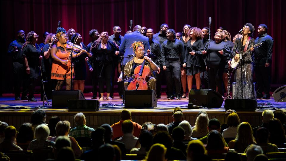 Allison Russell performs with the Fisk Jubilee Singers at the Ryman Auditorium in Nashville, Tenn., Tuesday, June 28, 2022.