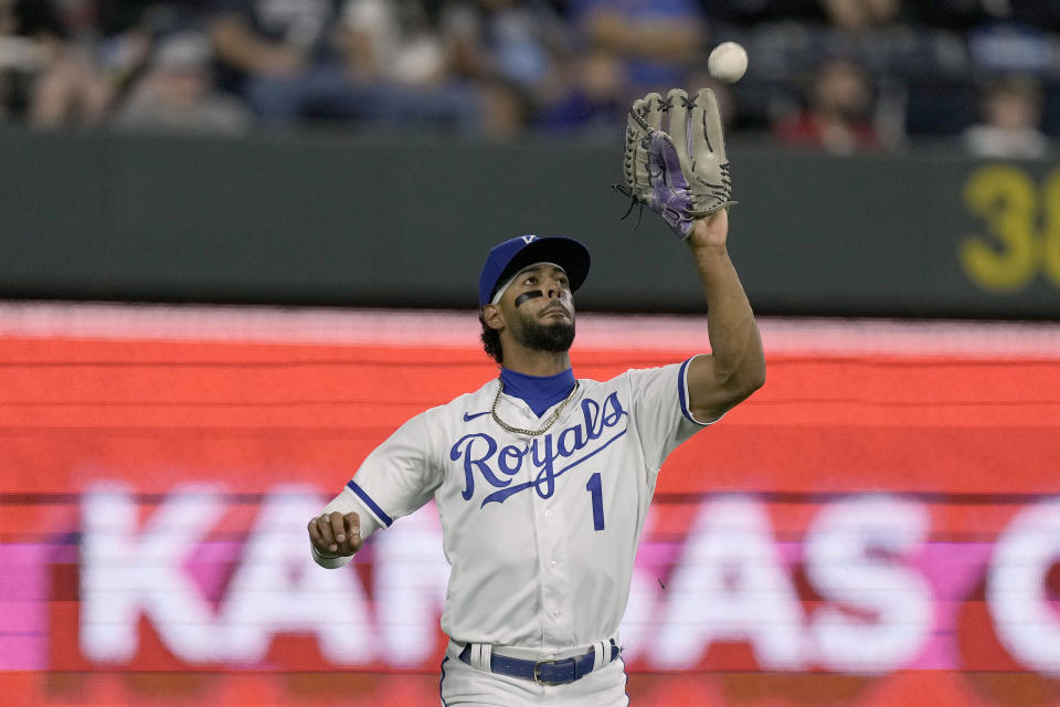 Kansas City Royals left fielder MJ Melendez catches a fly ball for the out on Cleveland Guardians' Ramon Laureano during the third inning of a baseball game Tuesday, Sept. 19, 2023, in Kansas City, Mo. (AP Photo/Charlie Riedel)