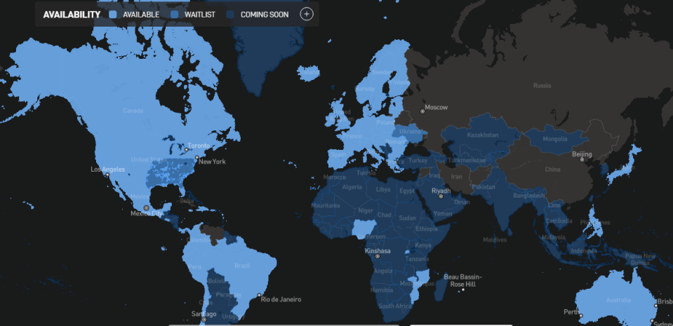 Starlink service availability around the world as of June 2023.