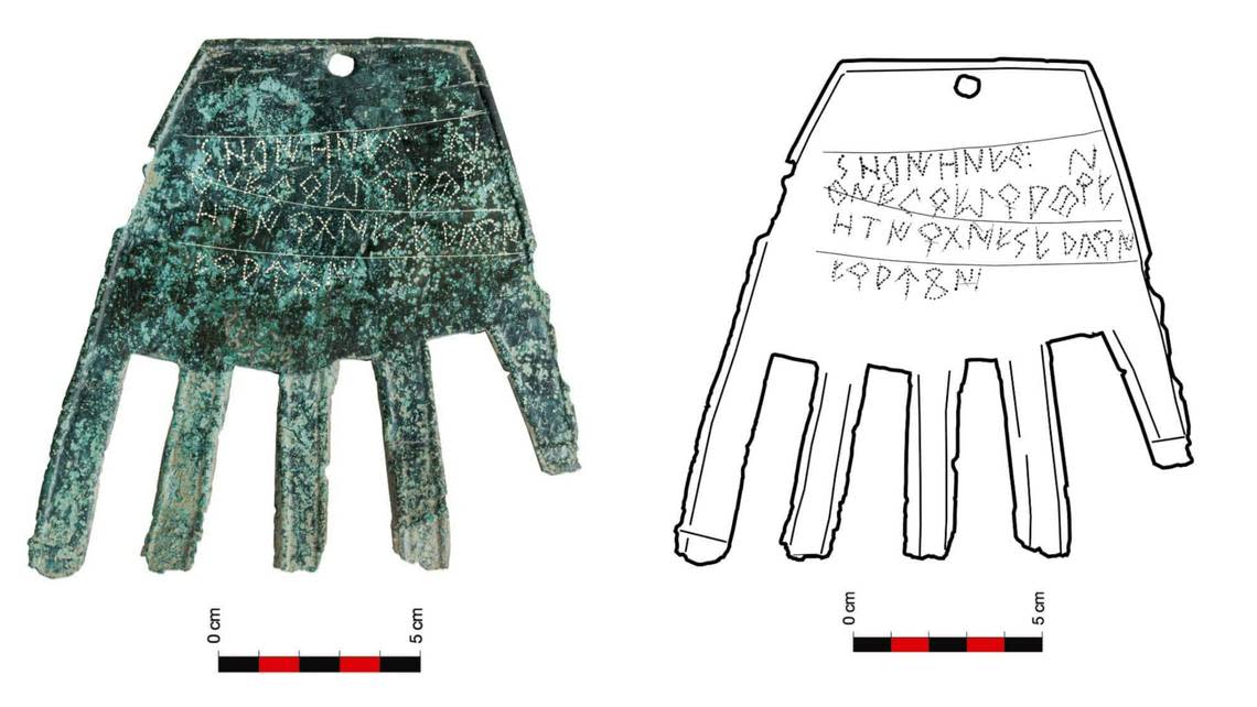The bronze hand with its inscription, cleaned (left) and diagrammed (right).