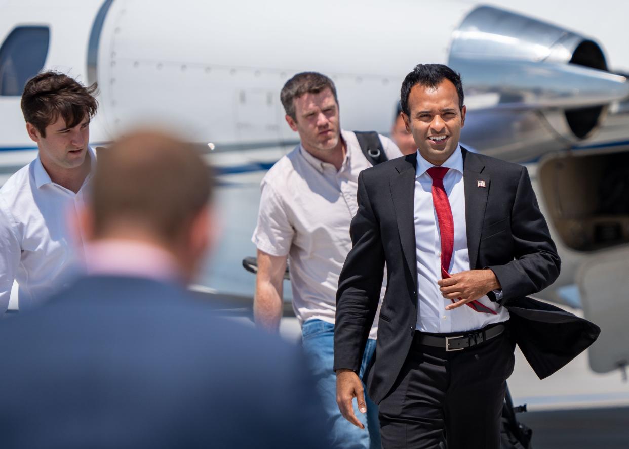 Republican presidential candidate and businessman Vivek Ramaswamy arrives at the Des Moines airport, Monday, July 10, 2023. 