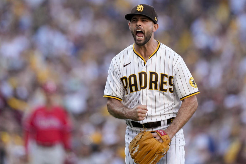 San Diego Padres relief pitcher Nick Martinez celebrates the last out in the top of the sixth inning in Game 2 of the baseball NL Championship Series between the San Diego Padres and the Philadelphia Phillies on Wednesday, Oct. 19, 2022, in San Diego. (AP Photo/Brynn Anderson)