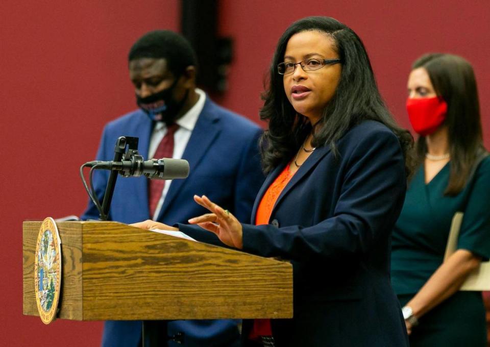 Palm Beach County Judge Renatha Francis speaks during a press event in Miramar, Florida on Wednesday, September 9, 2020. Gov. Ron DeSantis defended his Supreme Court appointment of Francis, who has been deemed ineligible by an unanimous court.