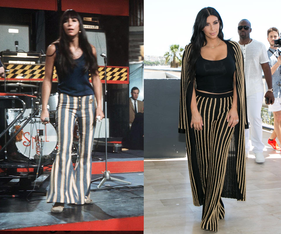 Kim updated Cher’s striped look with a long coat