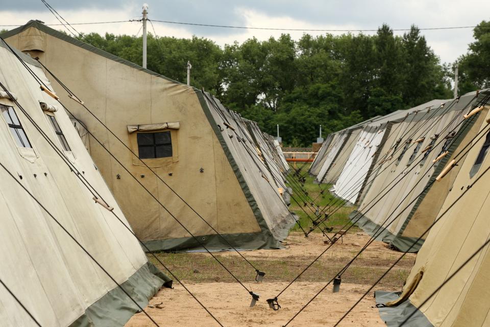 Tents are seen at a newly-built camp on a site previously used by the Belarusian army that could potentially accommodate up to 5,000 Wagner troops, on July 07, 2023, 90 kilometers (approximately 55 miles) southeast of Minsk, in Asipovichy District, Belarus.