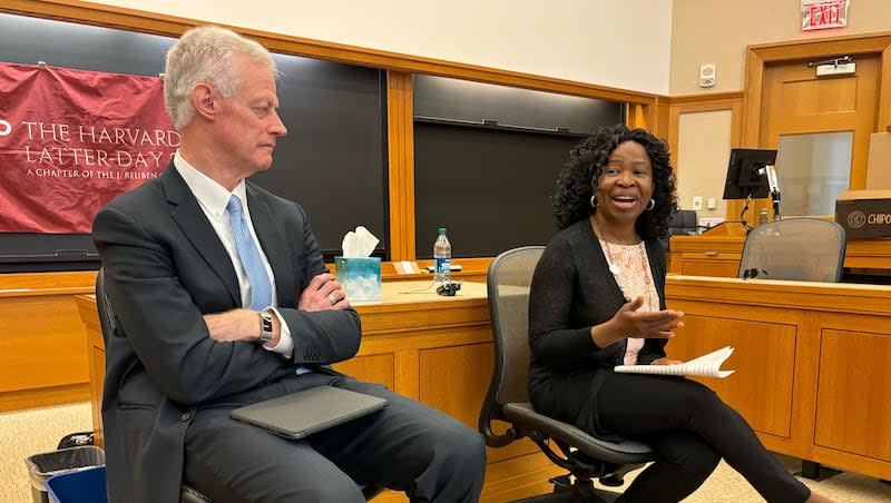 Kevin Worthen, the former president of Brigham Young University and current Doyle-Winter Distinguished Visiting Professor of Law at Yale, and Ruth Okediji, Harvard Law professor and co-director of the Berkman Klein Center at Harvard, spoke about faith and excellence in education and law at Harvard Law School on Wednesday, April 10, 2024.