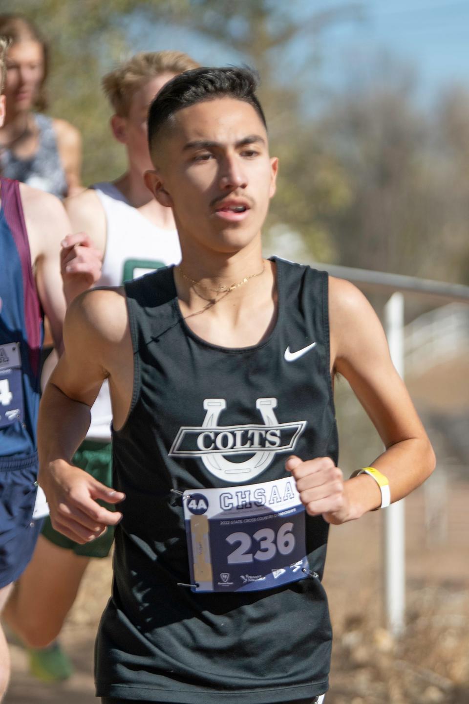 Pueblo South's Andres Cura competes in the Class 4A state cross country finals at the Norris Penrose Event Center in Colorado Springs on Saturday, Oct. 29, 2022.