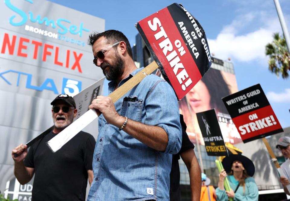 Writers picketing outside Netflix in California earlier this month (Getty Images)